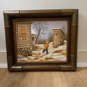 Boy, dog & outhouse painting - vintage